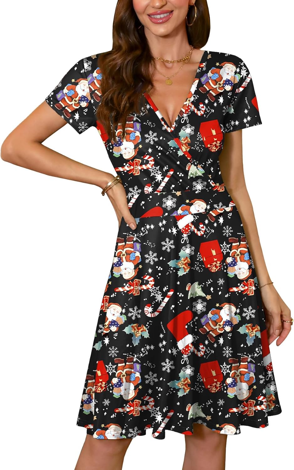 Stylish Christmas Short Sleeves V Neck Wrap Dress for Women