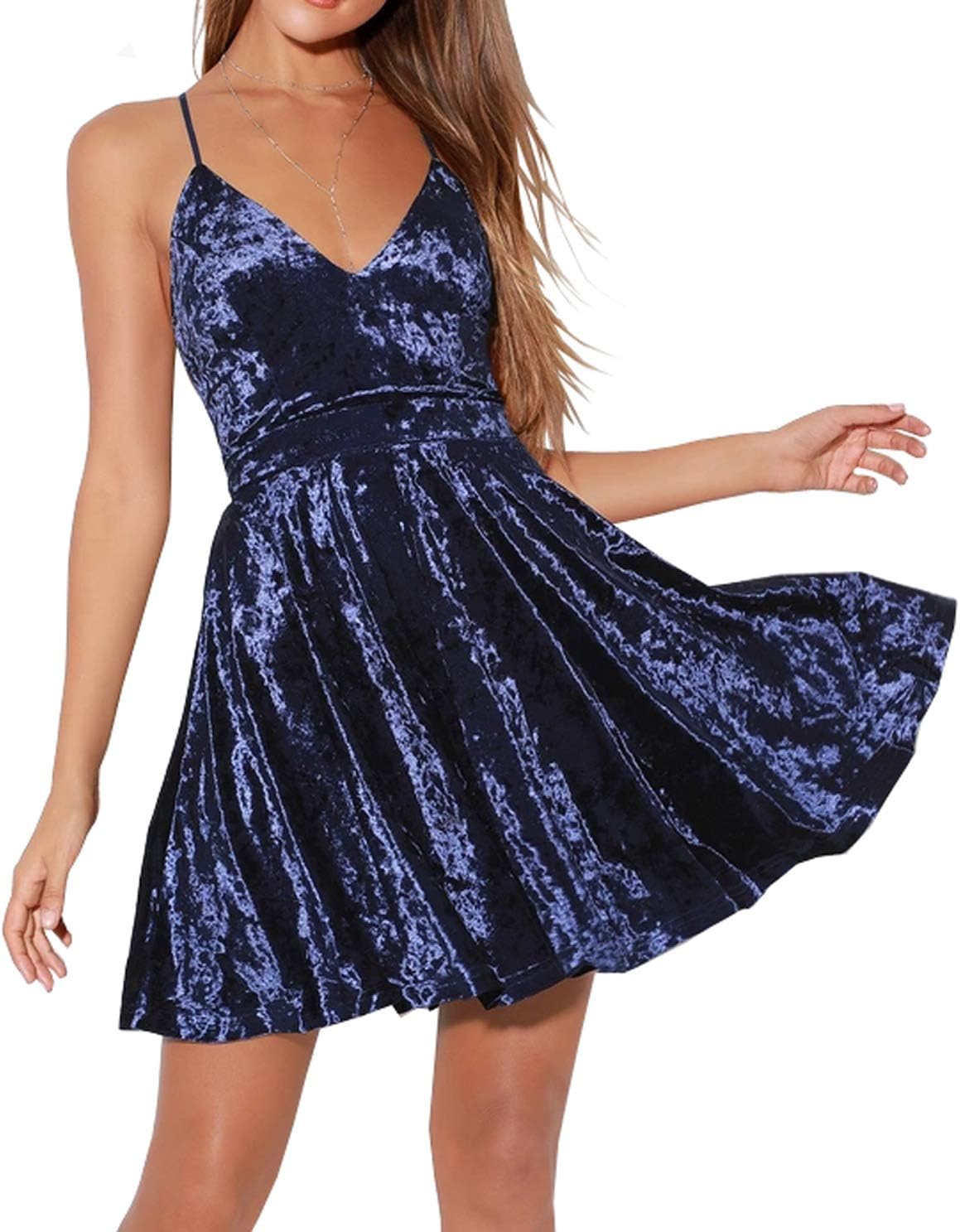 R.Vivimos Women's Crushed Velvet V Neck Mini Dress for Parties