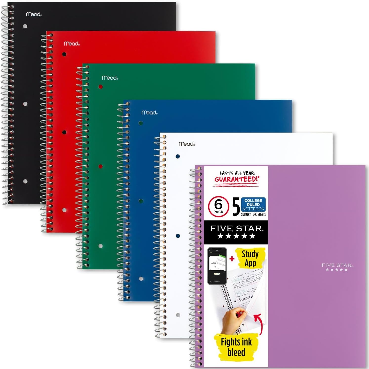 Five Star Spiral Notebook 6 Pack with Study App for Students
