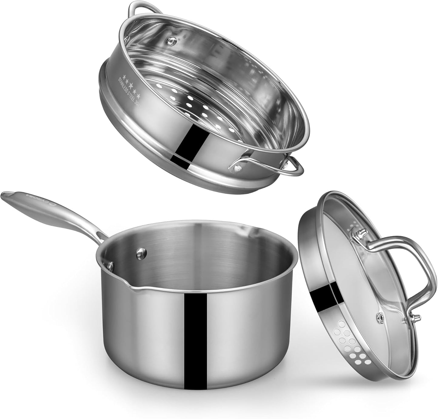 Tri-Ply Stainless Steel Sauce Pan with Steamer Basket for Cooking