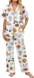 Satin Pajamas for Women Set Button Down Short Sleeve - Soft Print