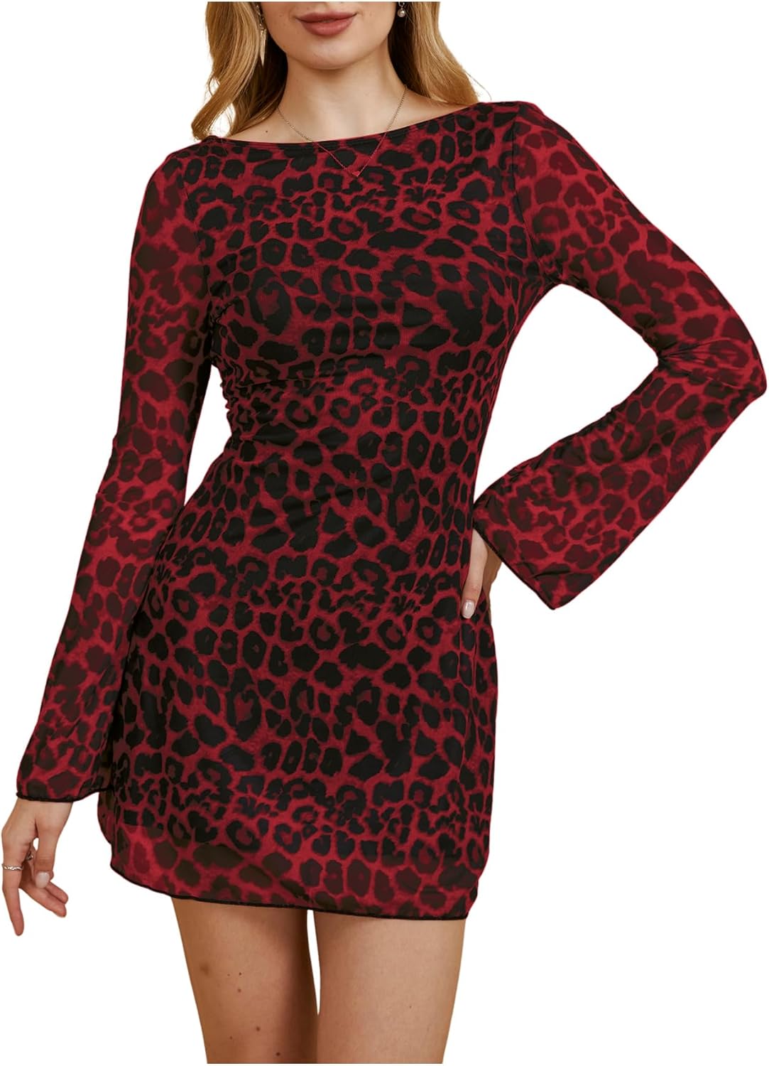 Leopard Print Dress for Women - Backless Mesh Mini Style