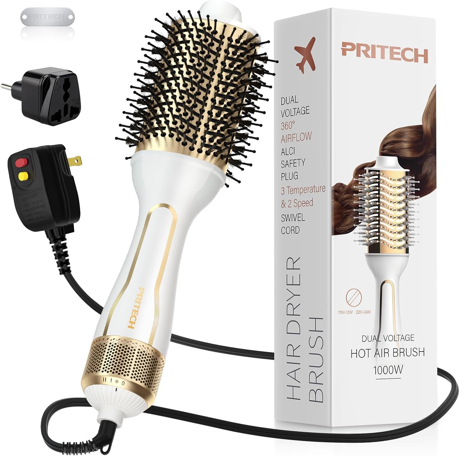 PRITECH Dual Voltage Hot Air Brush - 4-in-1 Styler
