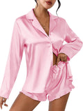 Womens Satin Pajama Set Long Sleeve Top and Shorts - Soft Satin