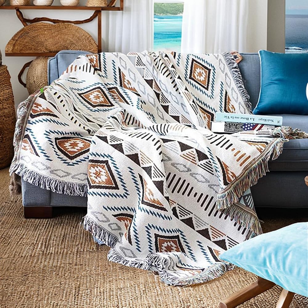 Lqprom Boho Throw Blanket with Tassels for All Seasons Use
