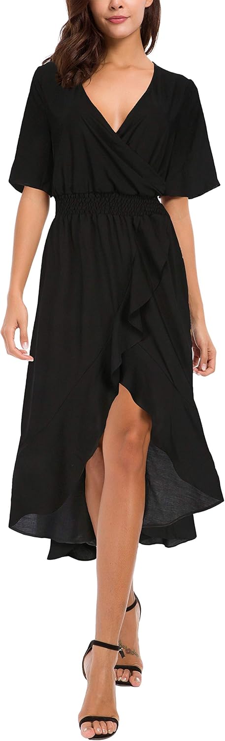 Kormei Womens Short Sleeve Floral High Low V-Neck Maxi Dress