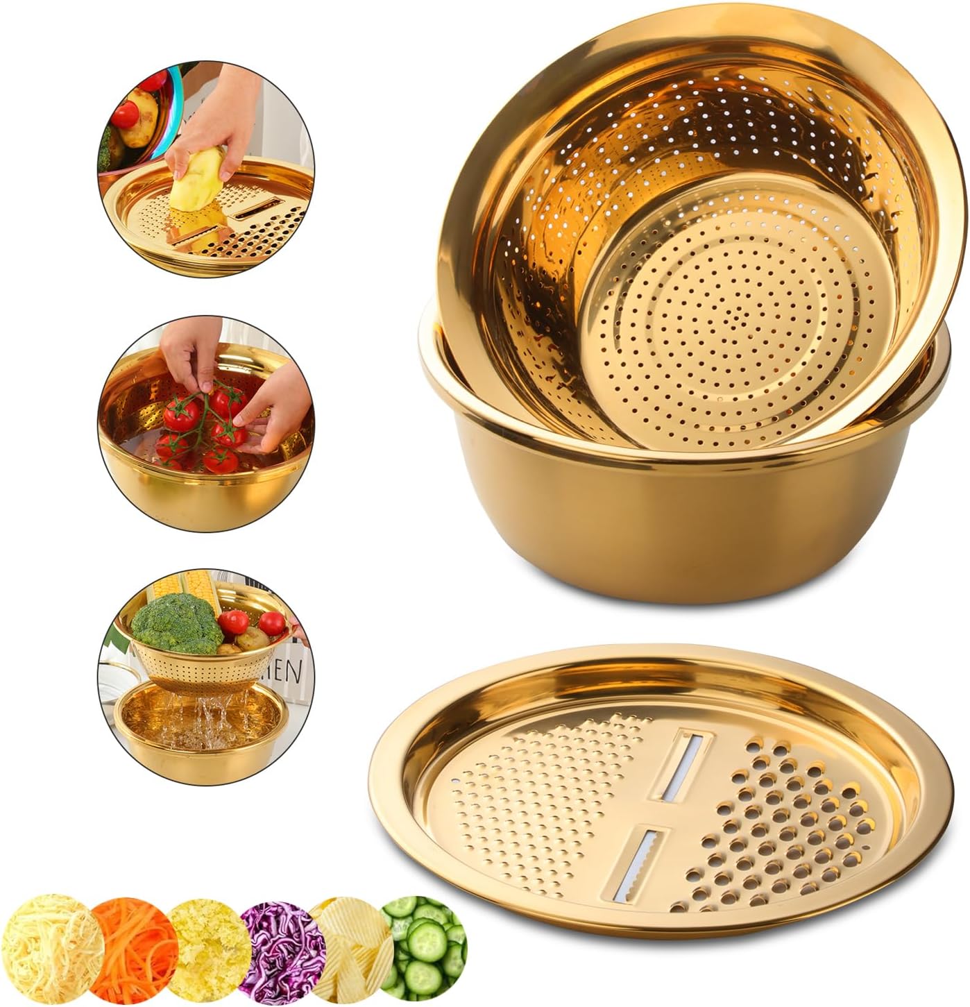 3-in-1 Stainless Steel Colander Set - Gold
