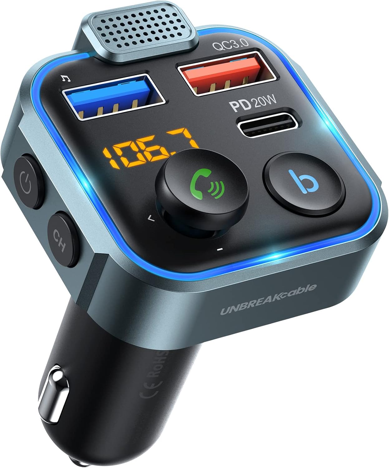 UNBREAKcable Bluetooth FM Transmitter: HiFi Sound & Fast Charging