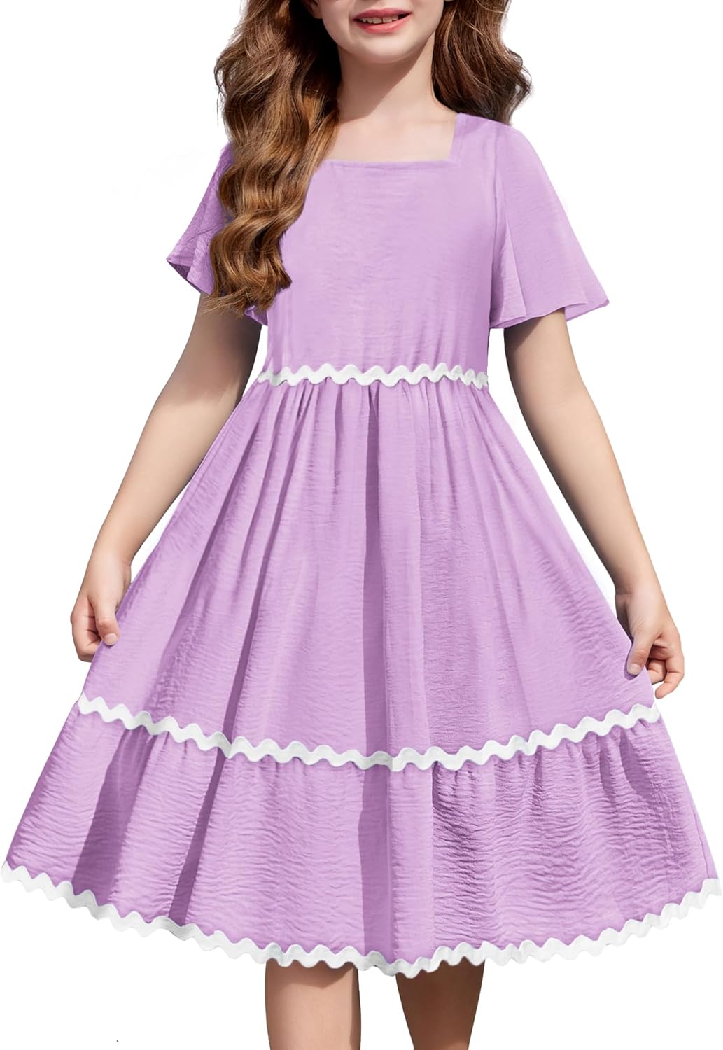 Arshiner Girls Summer Dress Flutter RIC Rac Tiered Midi Dress