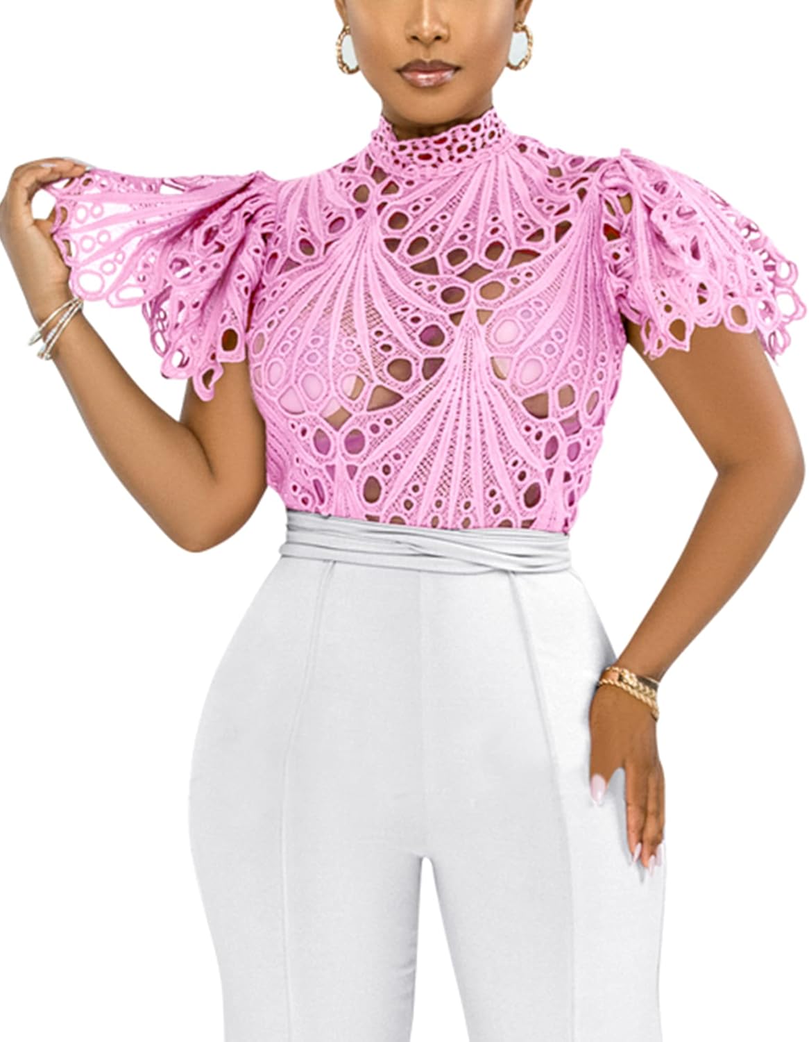 Doweha Womens Sexy Ruffle Long Sleeve Summer Lace Tops