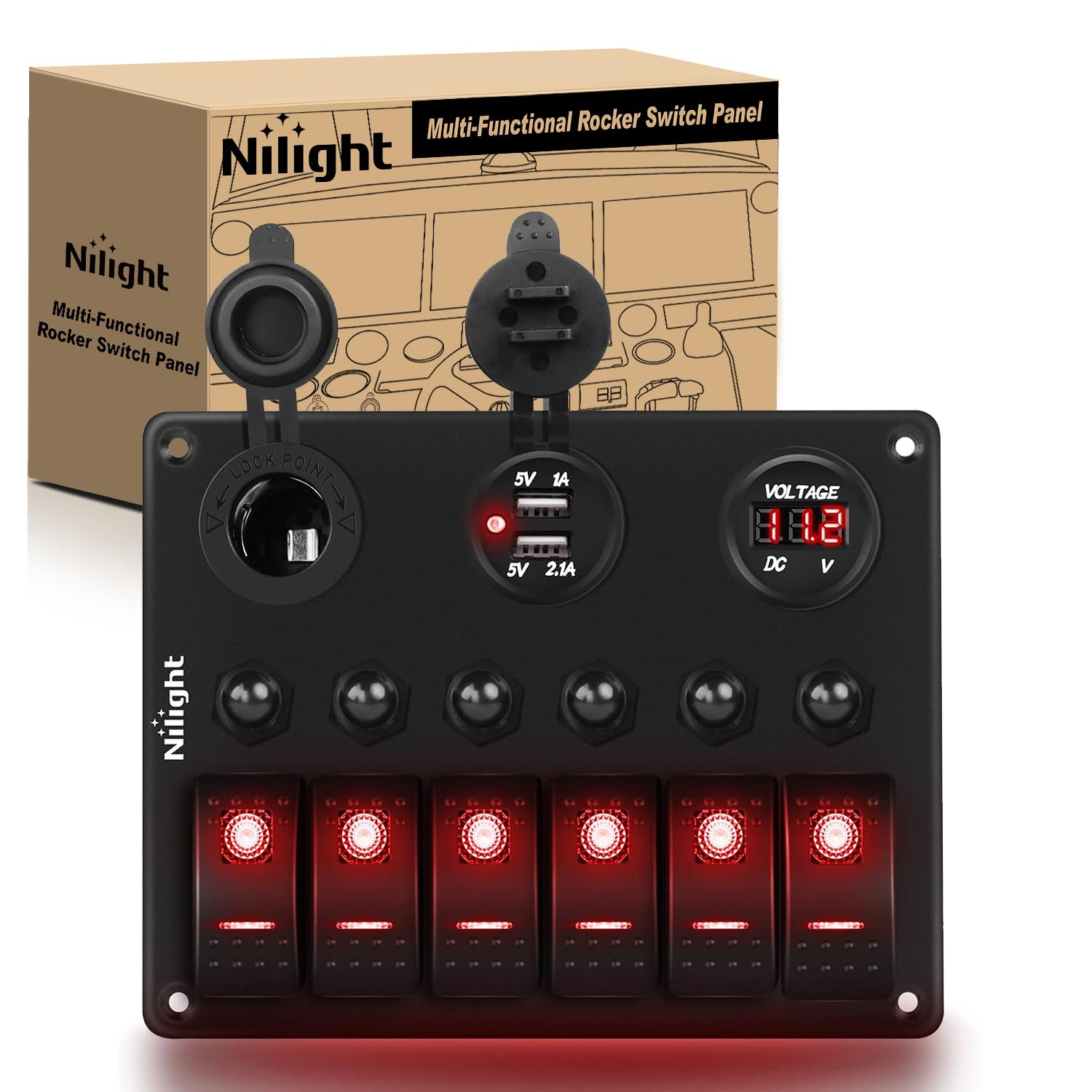 Nilight 6 Gang ON Off Rocker Switch Panel with Dual USB Charger