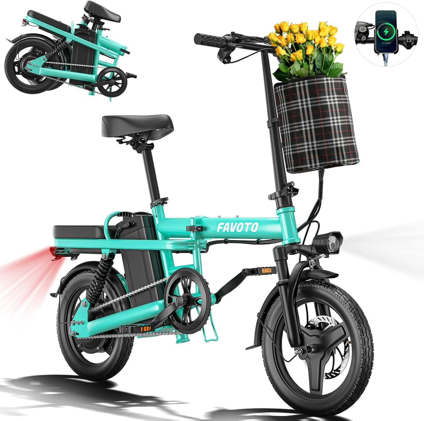 Favoto Folding Electric Bike with Removable 499Wh Battery