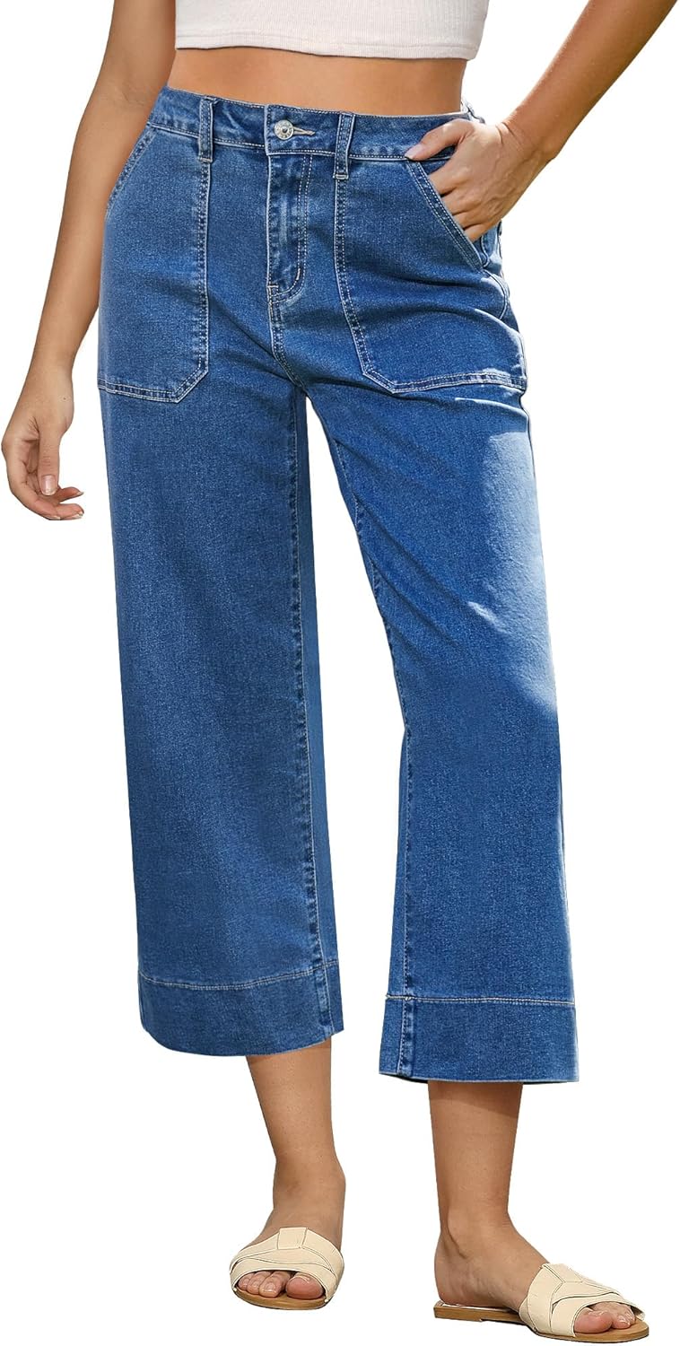 GRAPENT Capri Jeans for Women High Waisted Wide Leg Style