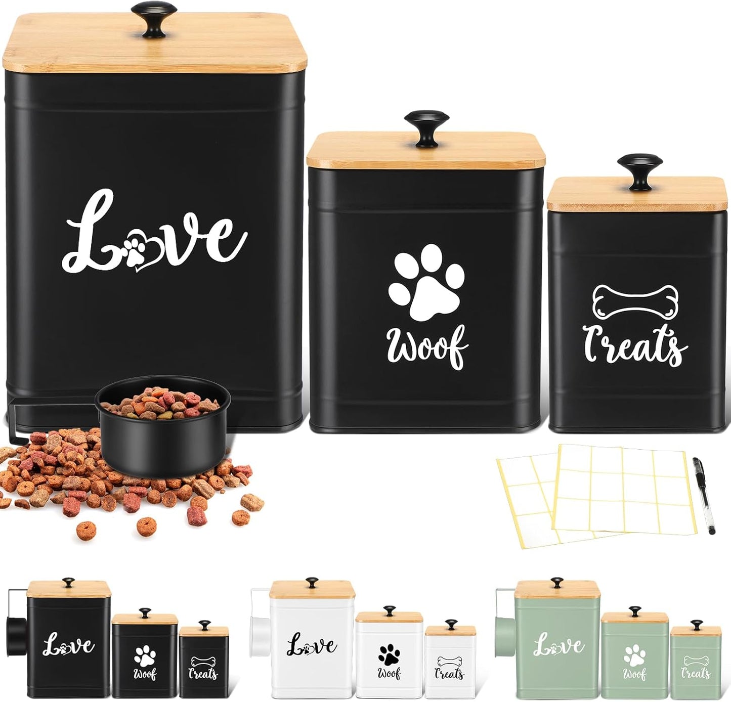 Metal Dog Treat Containers Set of 3 with Bamboo Lids for Snacks