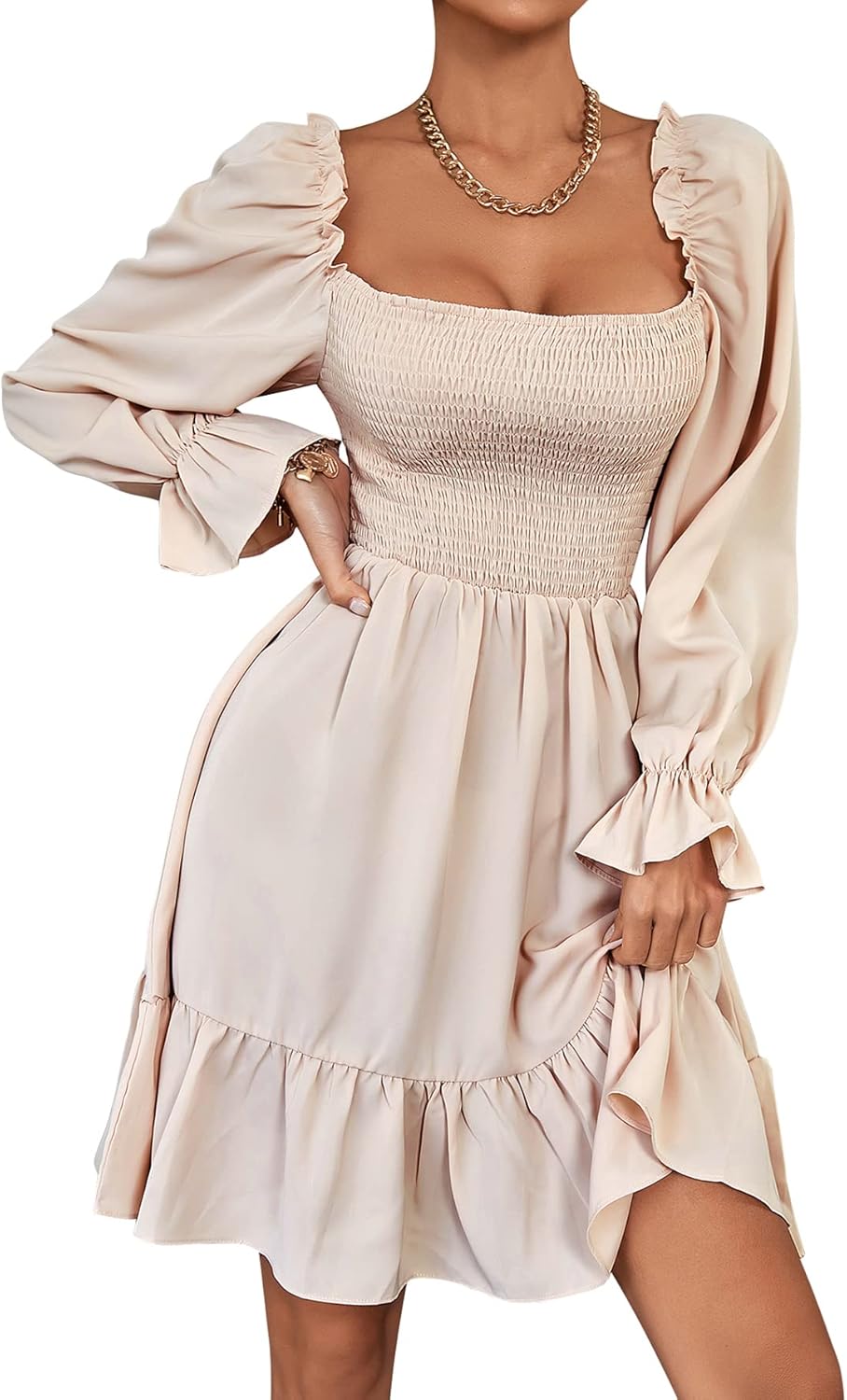 LYANER Women's Square Neck Lantern Long Sleeve Mini Dress