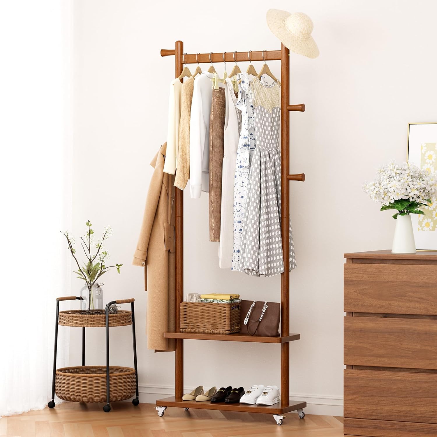 Freestanding Coat Rack with Wheels & Shelves for Home Organization
