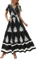 PRETTYGARDEN Womens V Neck Boho Maxi Dress - Flowy Summer Fit