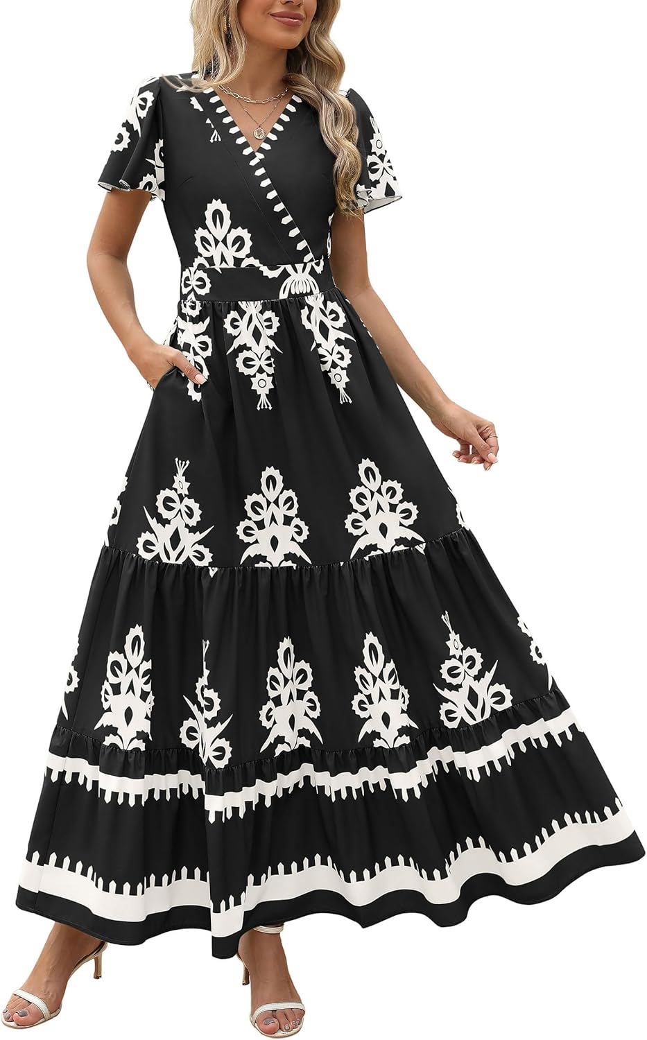 PRETTYGARDEN Womens Casual V Neck Boho Maxi Dress with Pockets
