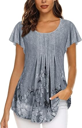 Timeson Women's Short Sleeve Tunic Tops Floral Double Layers Blouse