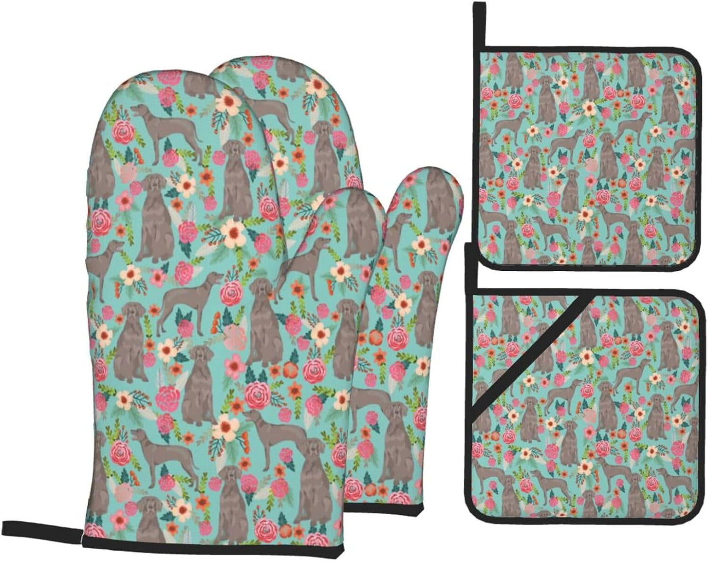 Weimaraner Floral Oven Mitts Set - Heat Resistant Kitchen Gloves