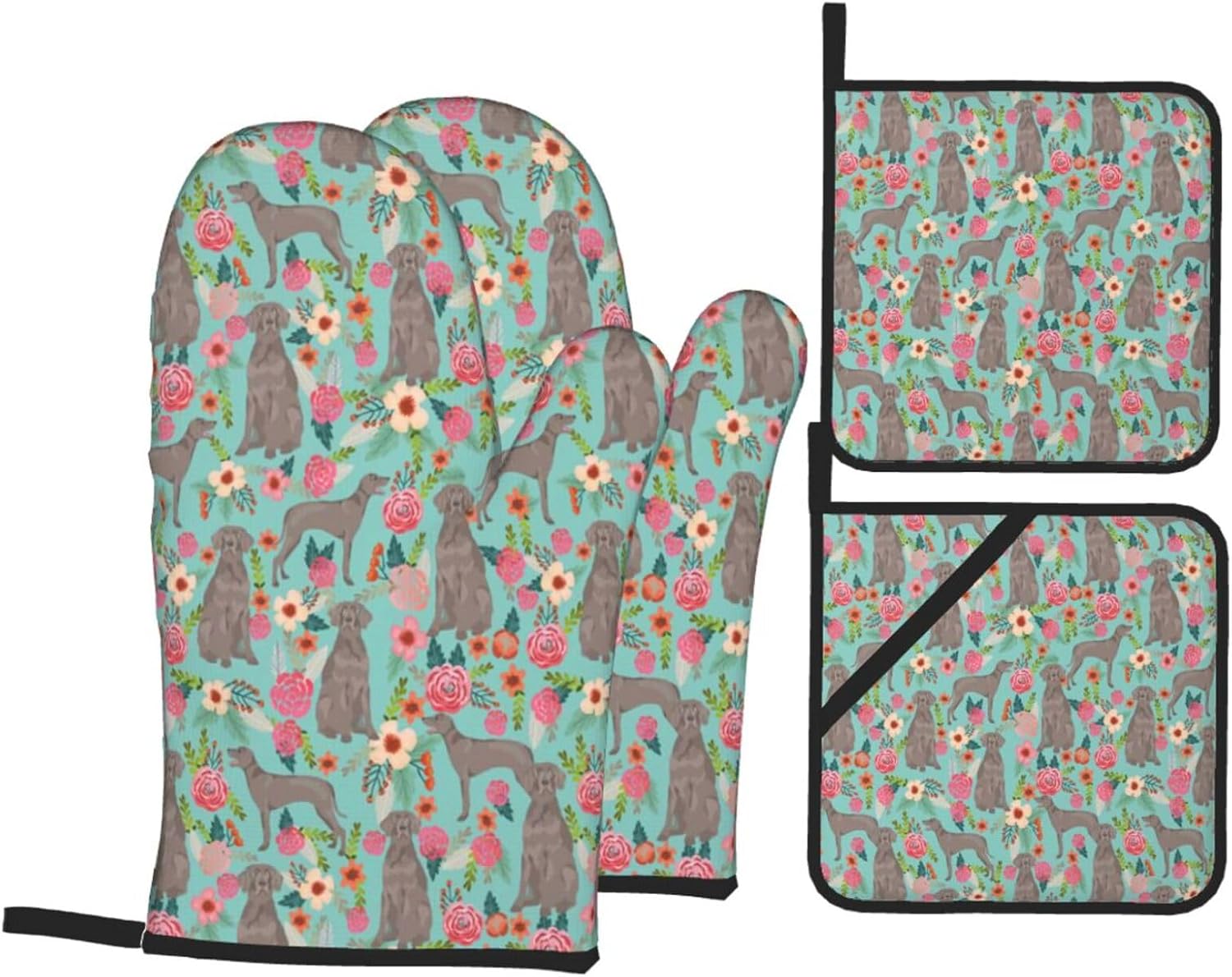 Weimaraner Floral Oven Mitts Set - Heat Resistant Kitchen Gloves