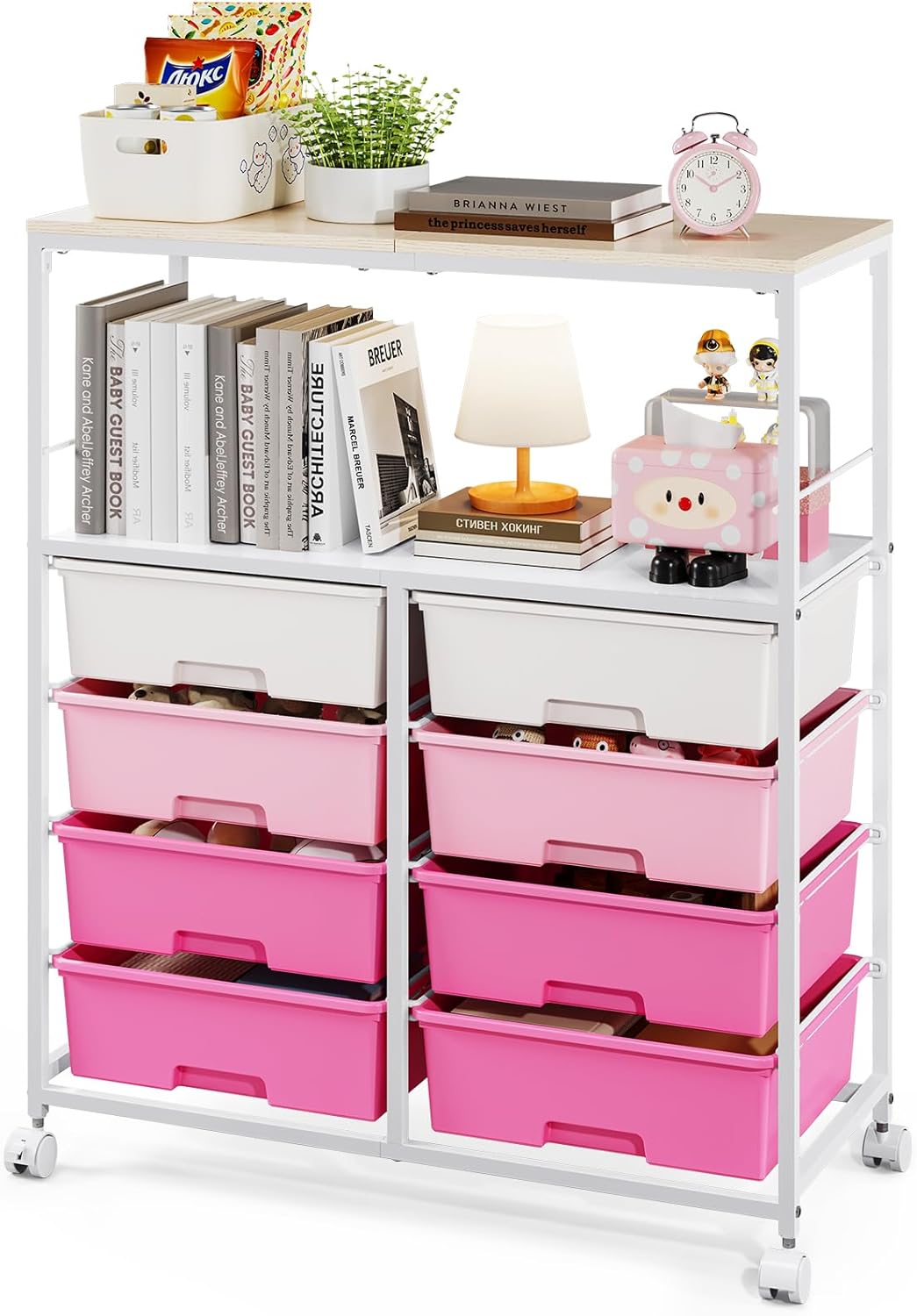 8 Drawers Rolling Storage Cart with Wooden Top for Home Office