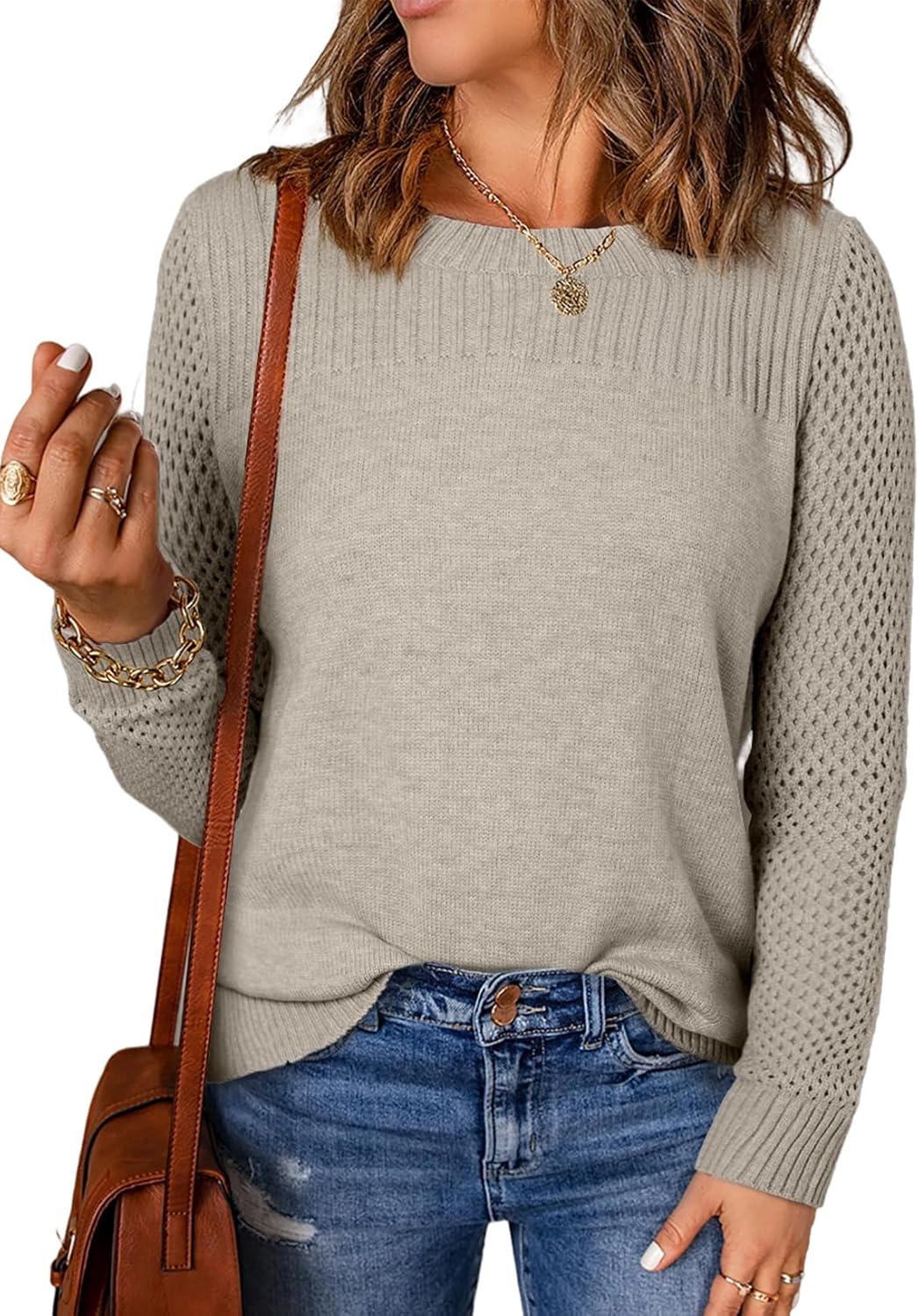 EVALESS Womens Casual Long Sleeve Crewneck Cable Knit Sweater