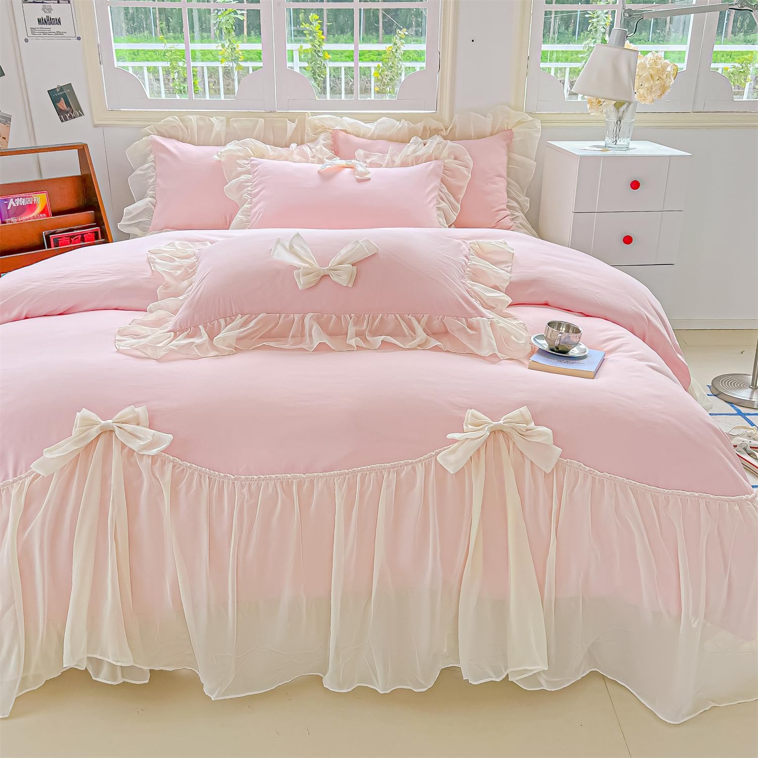 Girls Lace Bedding Chic Ruffled Duvet Cover Set in Pink