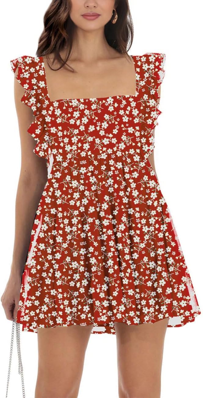 Womens Summer Square Neck Tie Back Ruffle Sleeve Mini Dress