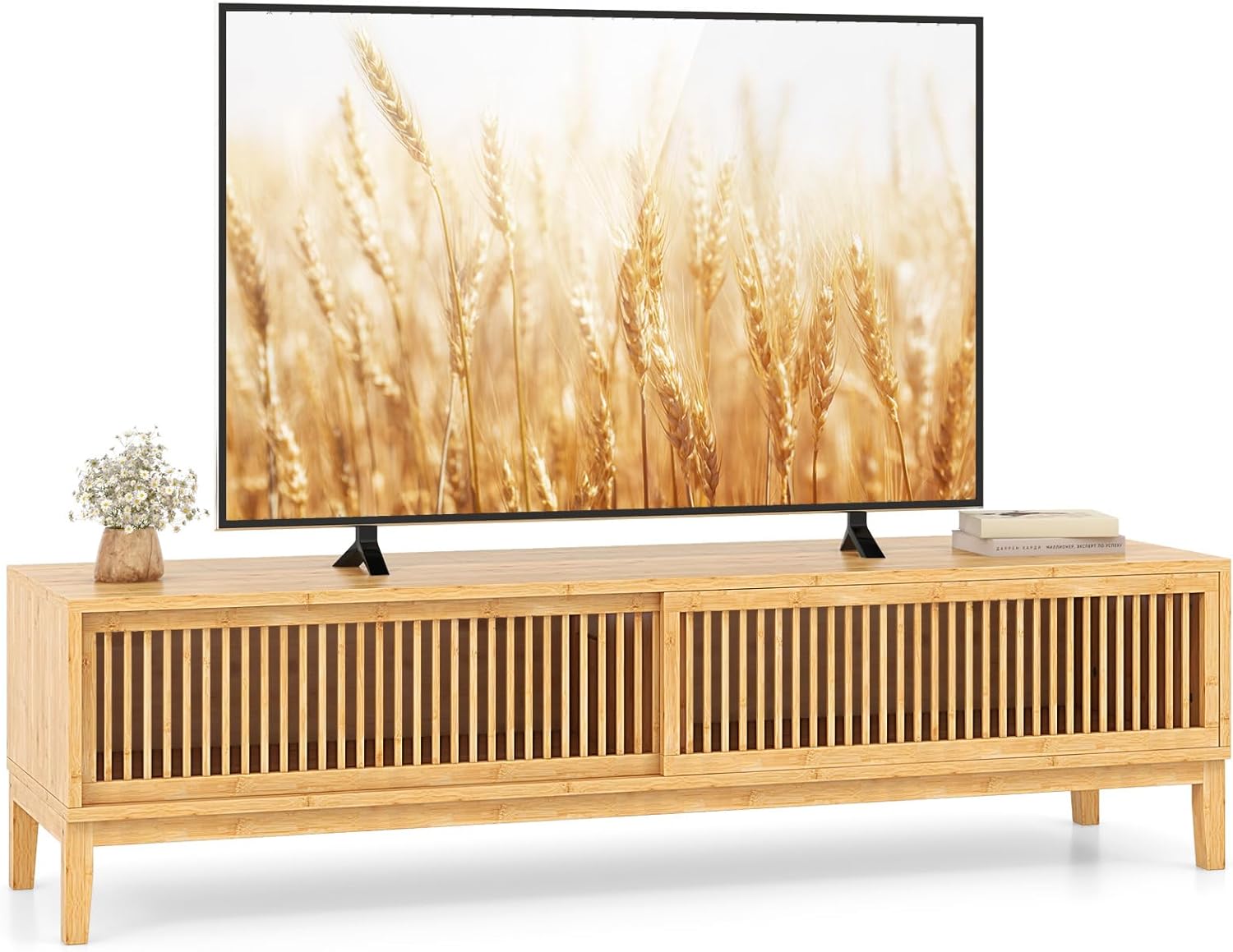 Mid-Century Modern Bamboo TV Stand, 65 TVs, Sliding Doors, 5 Cable Holes