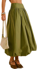 Women's Bubble Long Skirt Pleated Ruffle Flowy Maxi - Elastic Waist