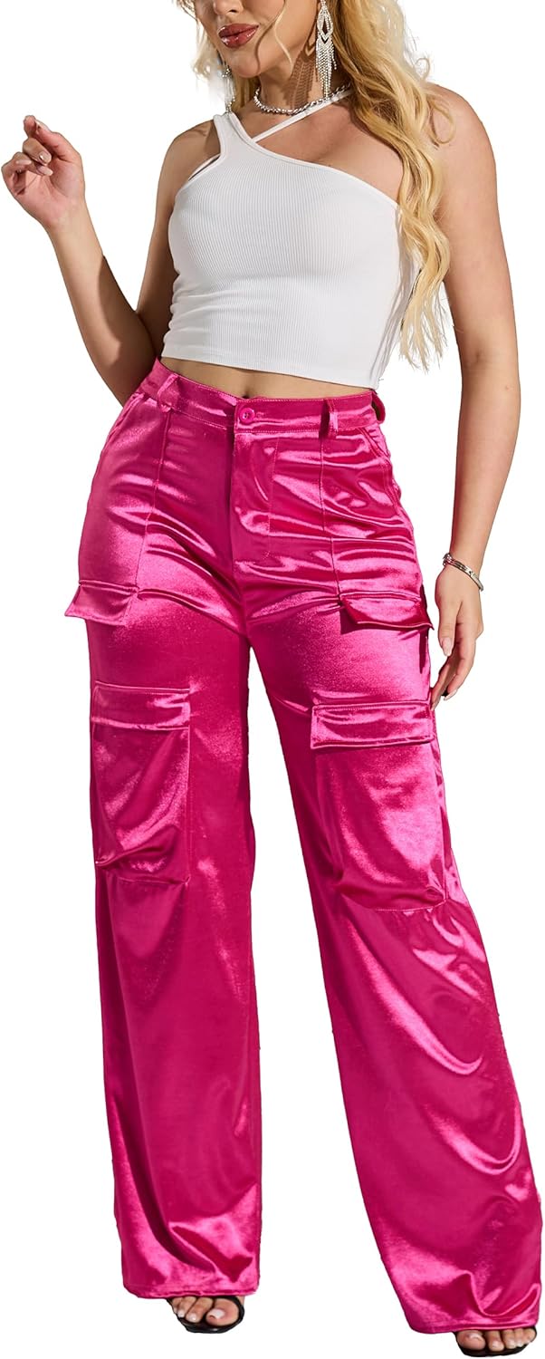 Womens High Waisted Satin Cargo Pants for Trendy Outfits