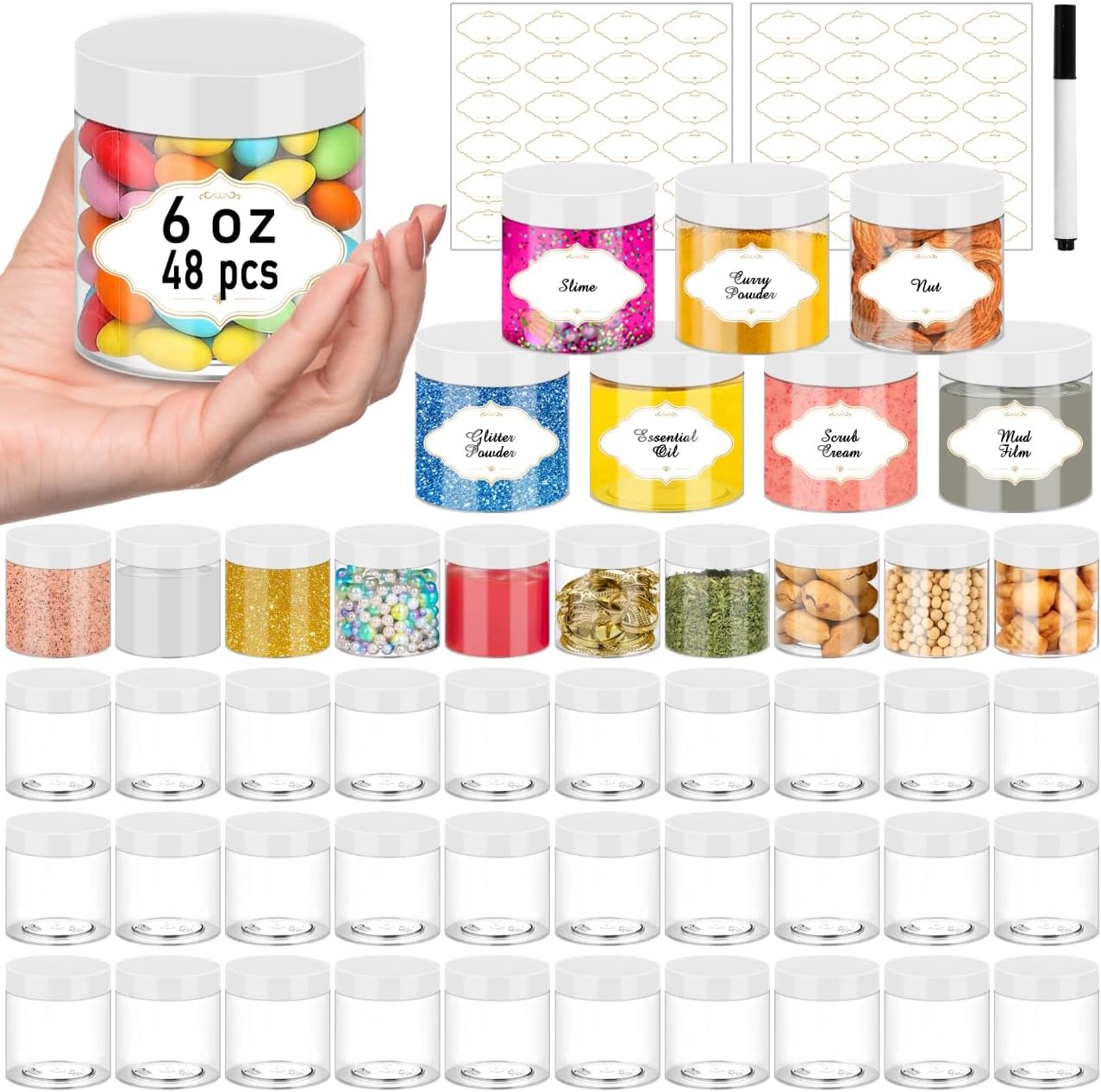 Clear Plastic Jars 6 OZ - 48 Pcs Wide Mouth Storage Containers