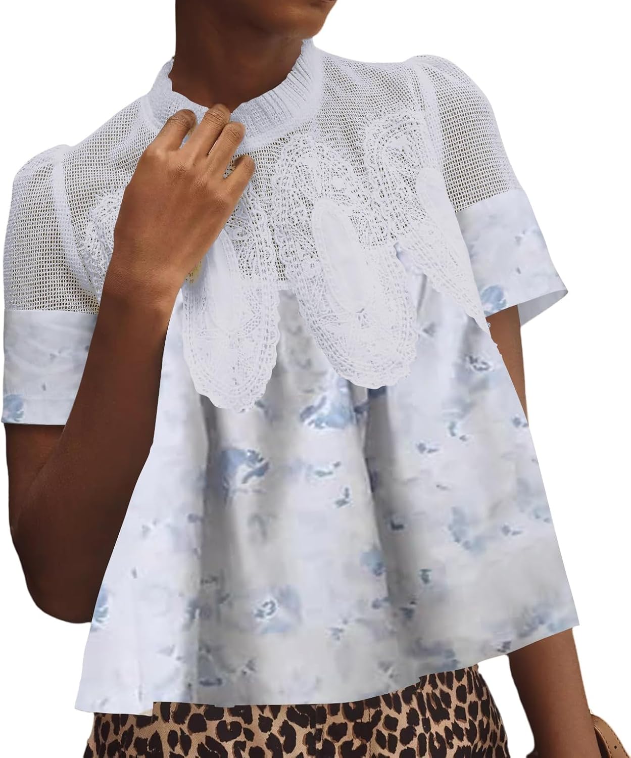 Womens Lace Flared Short Sleeve Blouse for Elegant Style