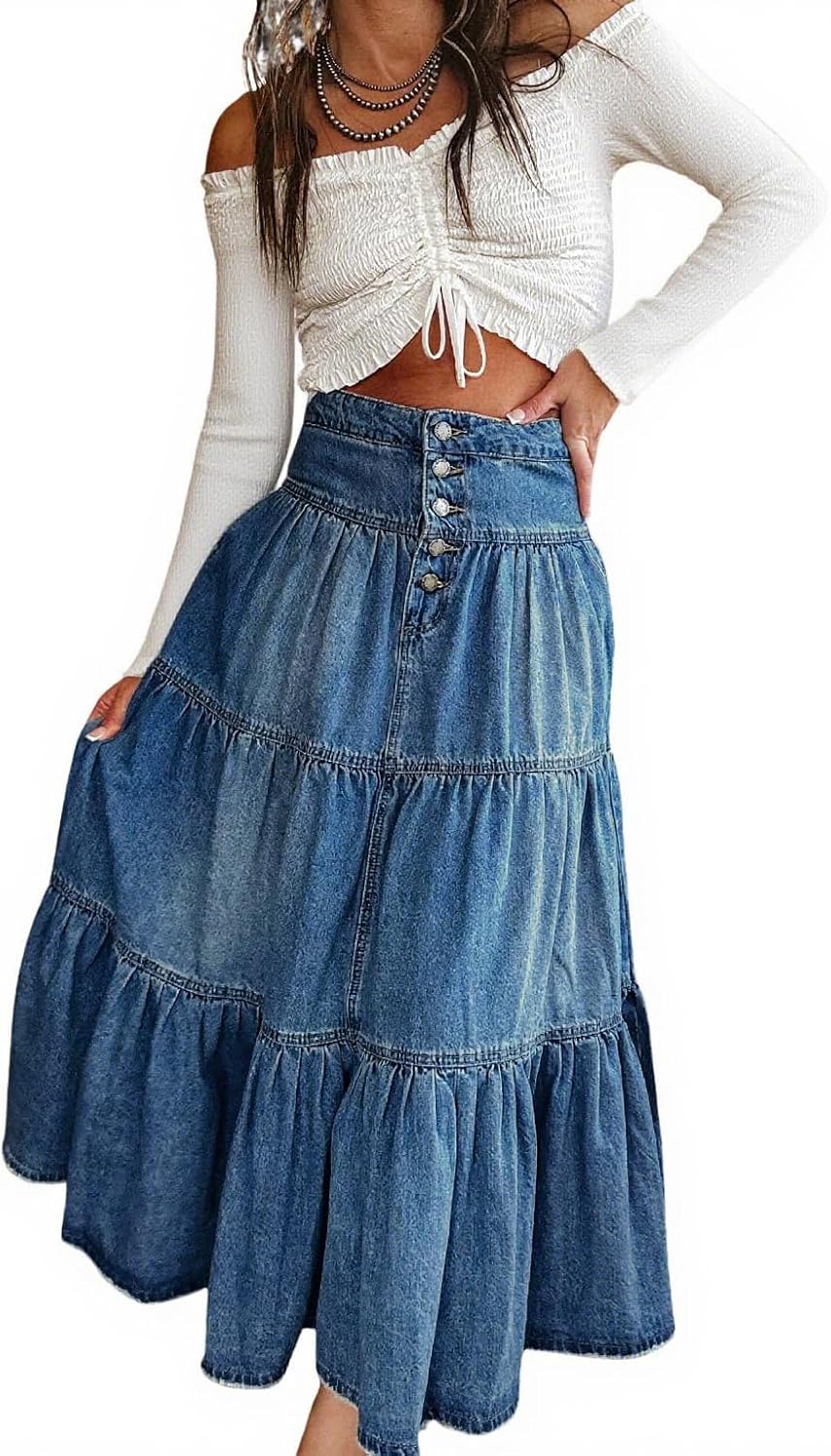 utcoco Women's High Waist Long Denim Skirt with Pockets
