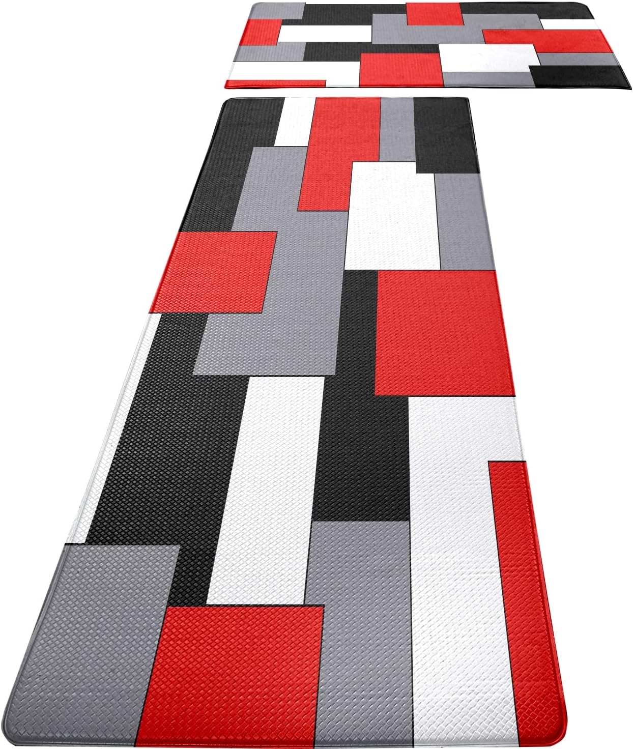 Red Black Grey White Kitchen Rugs Set of 2 Cushioned Mats