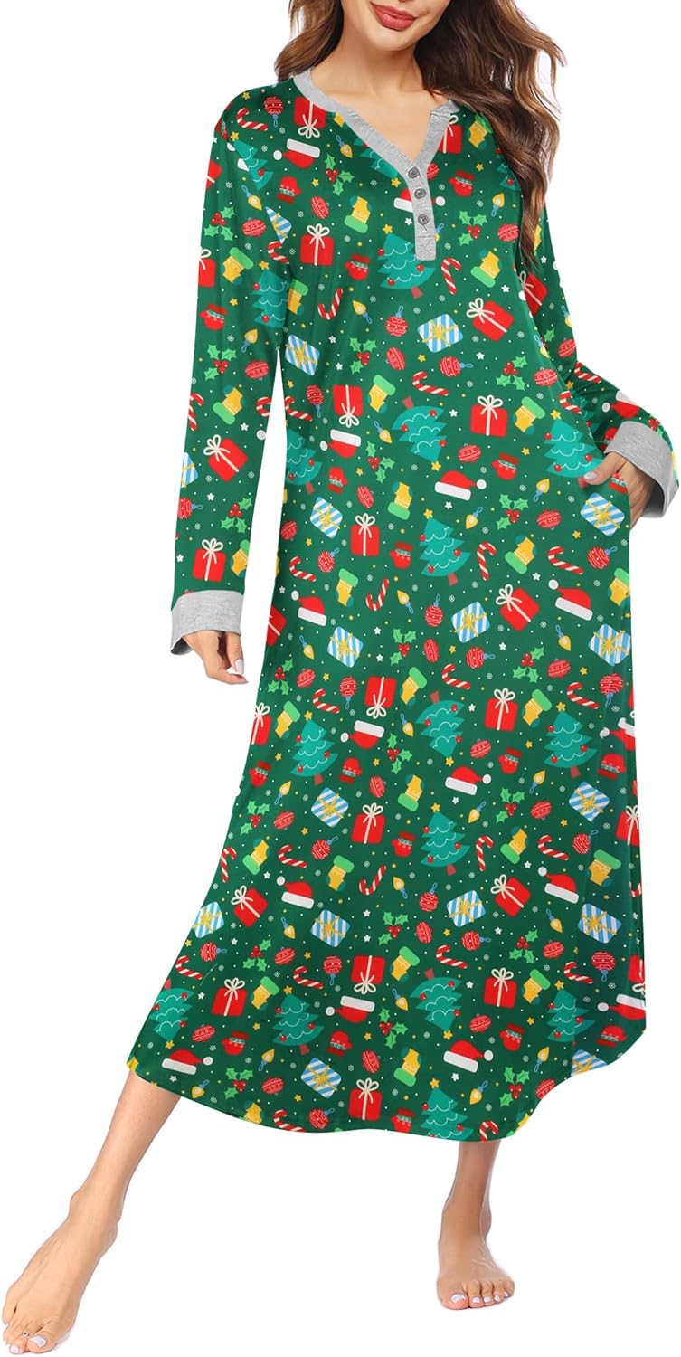 Ekouaer Womens Nightgown Long Loungewear V Neck Nightshirt