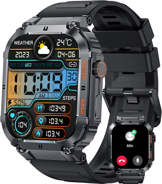 Rugged Military Smartwatch: Bluetooth Call, 100M Waterproof, Extra Long Battery