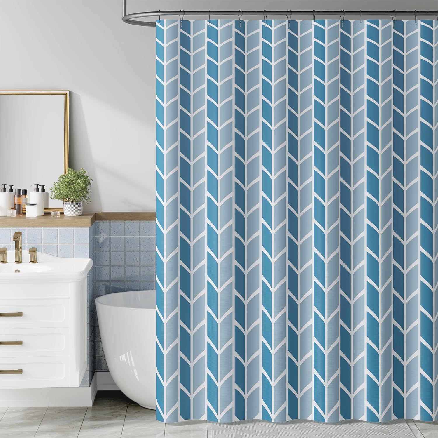 jinchan Blue and White Geometric Shower Curtain for Modern Bath