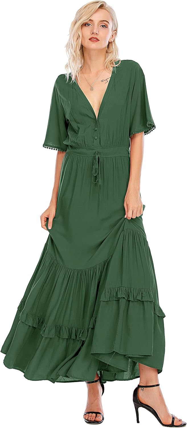 R.Vivimos Womens Summer Cotton V Neck Floral Midi Dresses