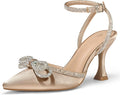 mysoft Women's Rhinestone Bow Pumps Pointed Toe Kitten Heels - Bridal