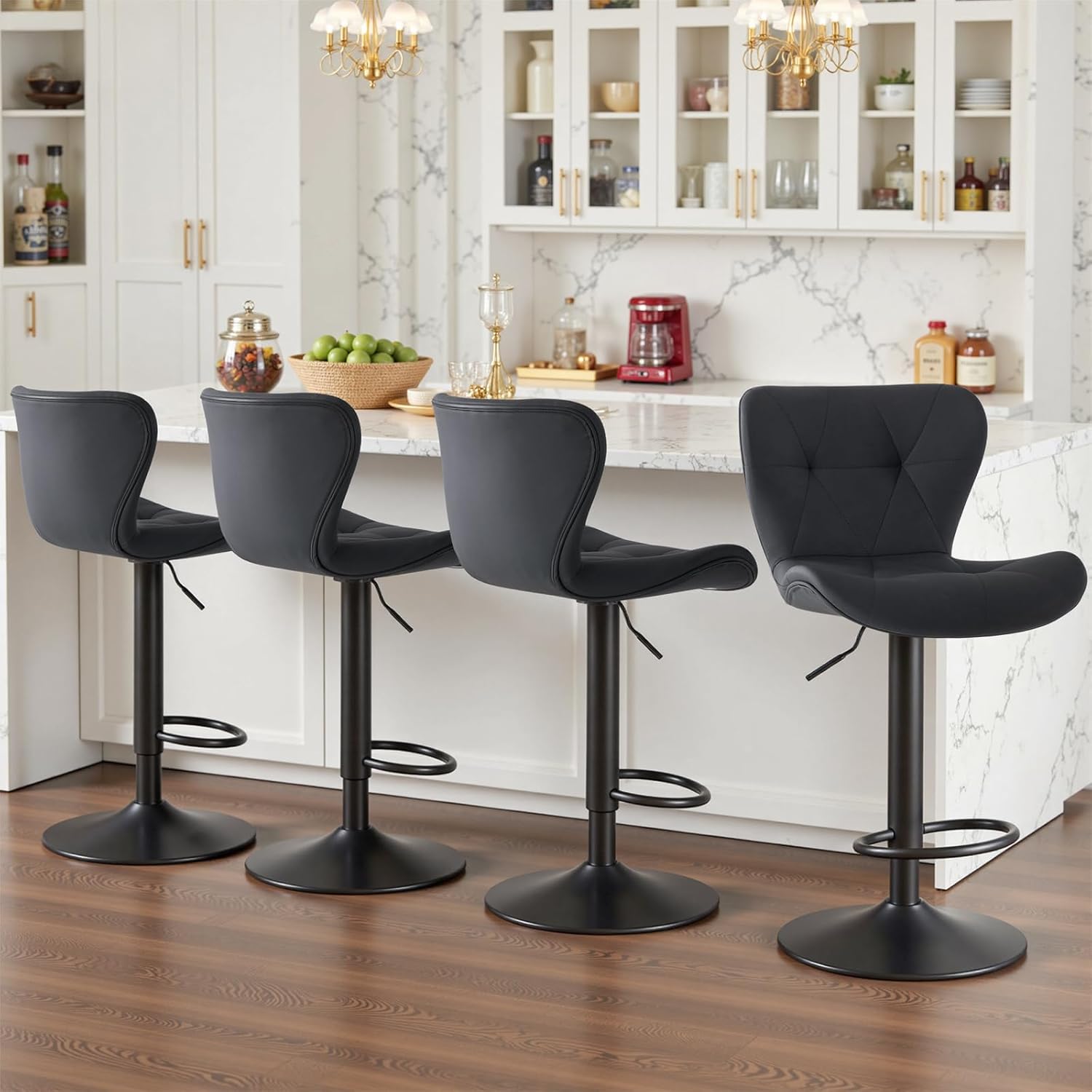 Sweetcrispy Adjustable Faux Leather Bar Stools Set of 4 for Kitchen