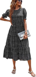 Summer Floral Boho Midi Sun Dress - Flowy Puff Sleeve Sundress S=US