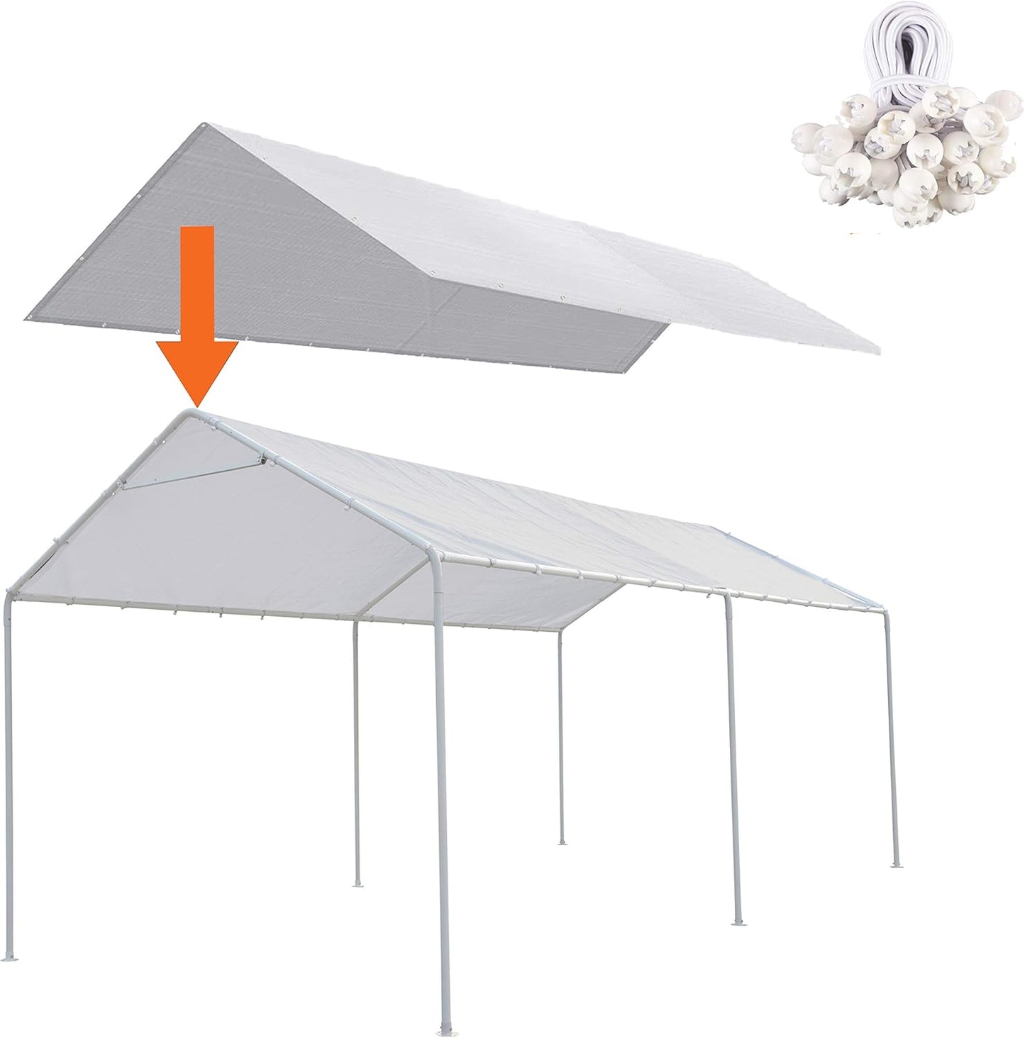 10x20 White Carport Canopy Cover + 44 Free Bungees