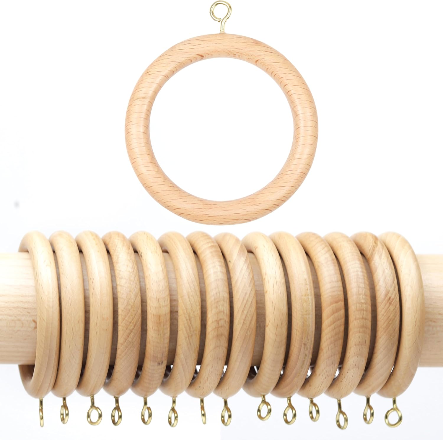 50 Natural Beech Wood Curtain Rings, 1.75 Inner Dia