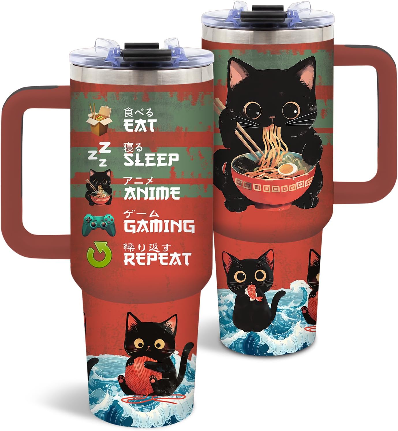 Cat Tumbler 40 Oz, Stainless Steel Insulated Mug - Anime & Gaming Design
