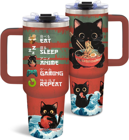 Cat Tumbler 40 Oz, Stainless Steel Insulated Mug - Anime & Gaming Design