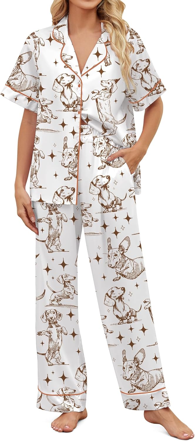 Satin Pajamas for Women Set with Cute Corgi Print Design