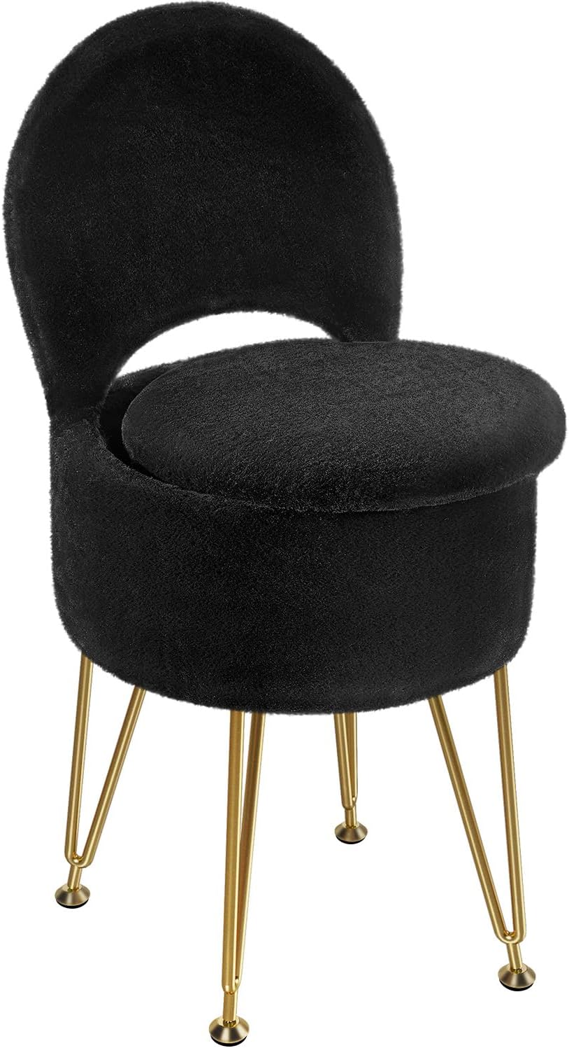 Faux Fur Vanity Stool Chair with Storage and Folding Backrest