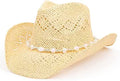 Straw Cowgirl Hat with Beaded Hearts Trim - Shapeable 3.5in Brim